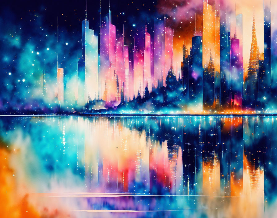 Abstract Neon Cityscape Reflecting on Water at Night