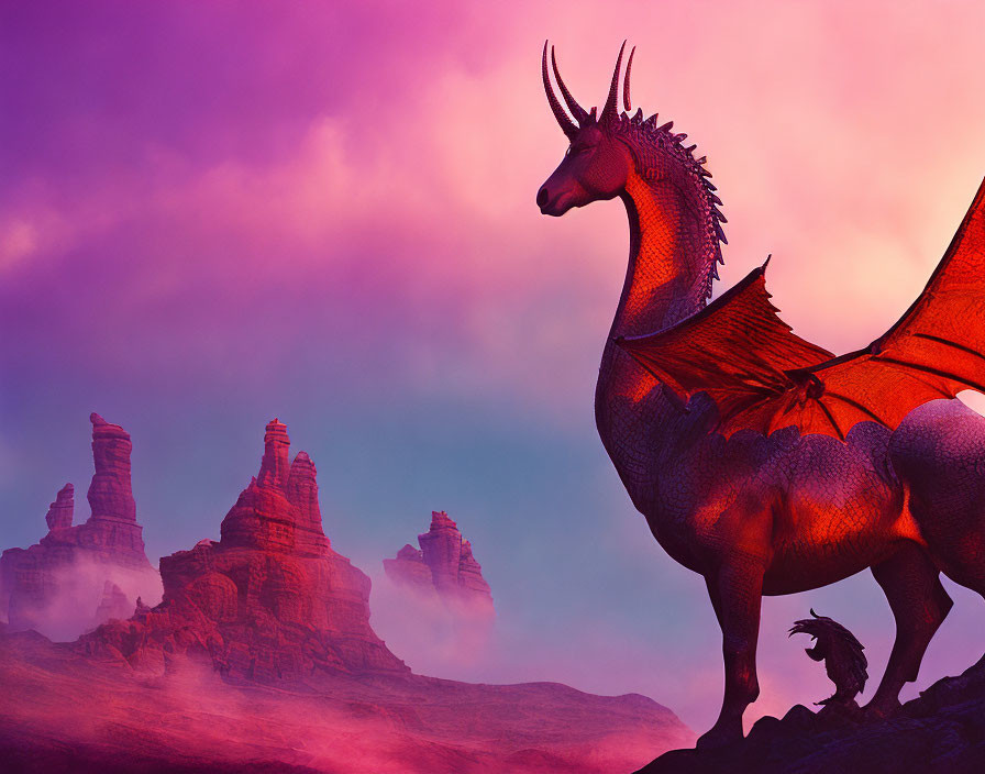 Majestic dragon on rocky outcrop in fantasy landscape