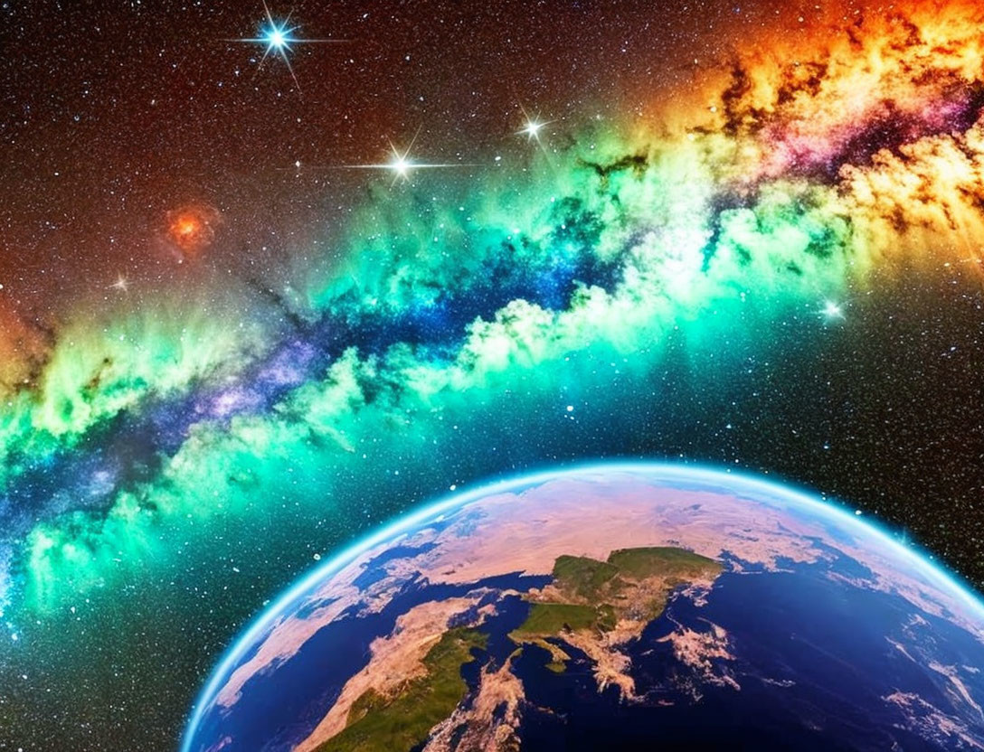 Colorful Earth View with Nebula and Stars in Space