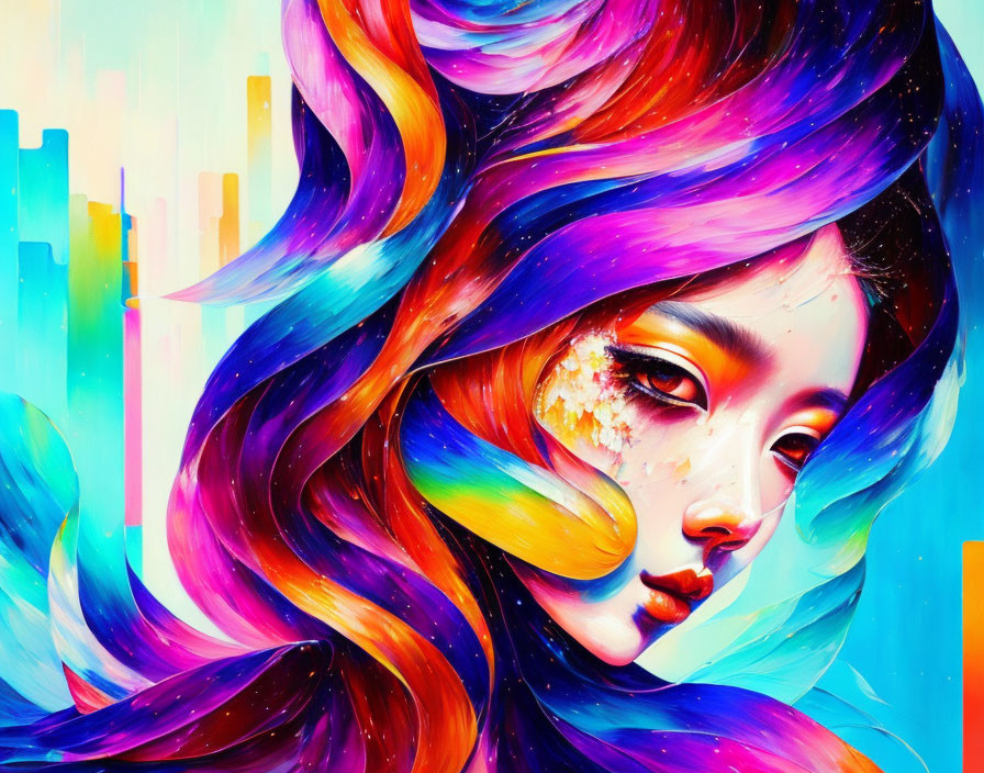 Colorful Portrait of Woman with Flowing Hair in Cosmic Background