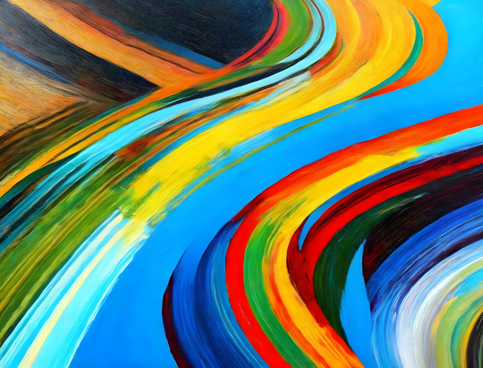 Colorful Abstract Painting with Flowing Curves in Blue, Yellow, Red, and Black