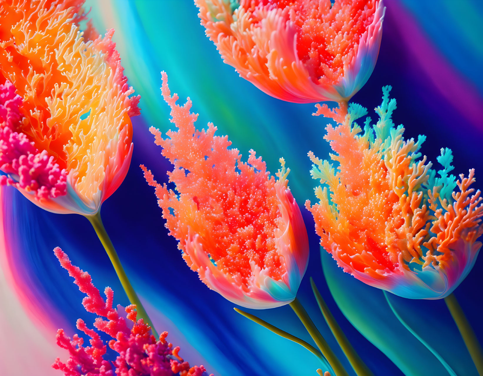 Digitally Enhanced Tulips with Coral-Like Textures on Swirling Blue and Pink Background