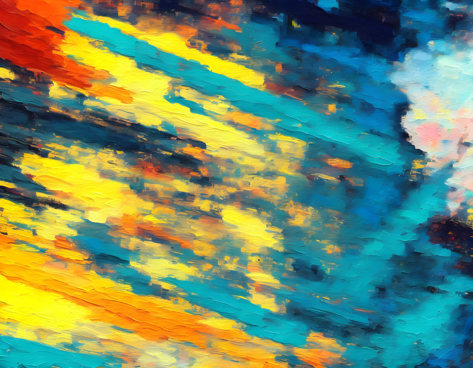 Colorful Abstract Painting with Vibrant Blue, Orange, and Yellow Brush Strokes