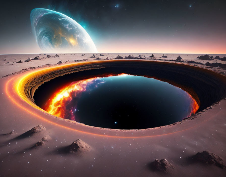 Enormous Black Hole with Fiery Accretion Disk in Surreal Landscape