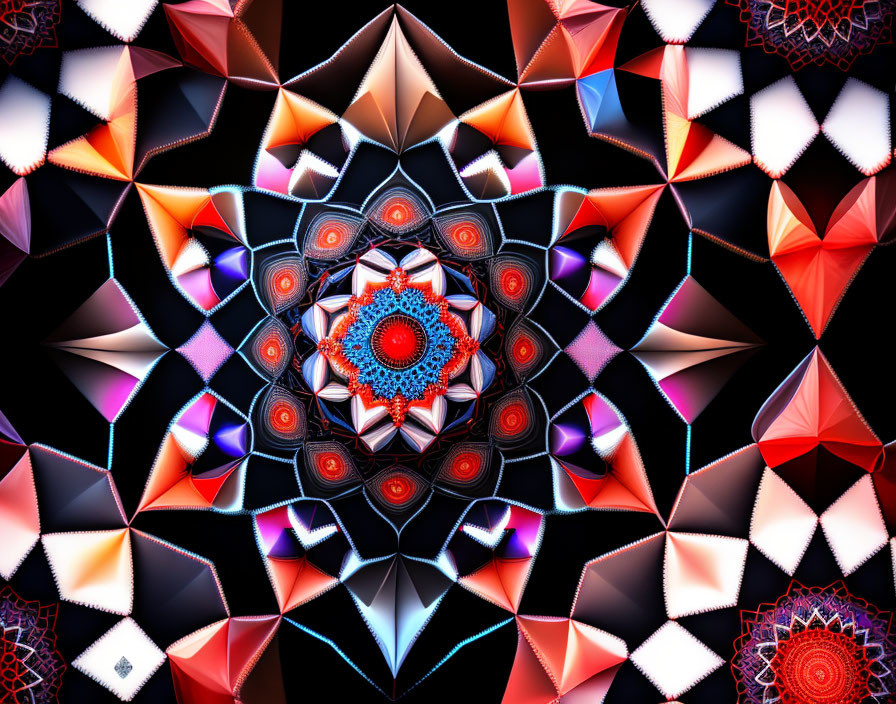 Colorful Geometric Kaleidoscope Pattern in Red, Blue, and White