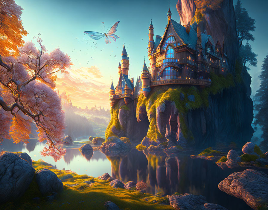 Enchanting castle on craggy cliffs with pink trees and butterfly