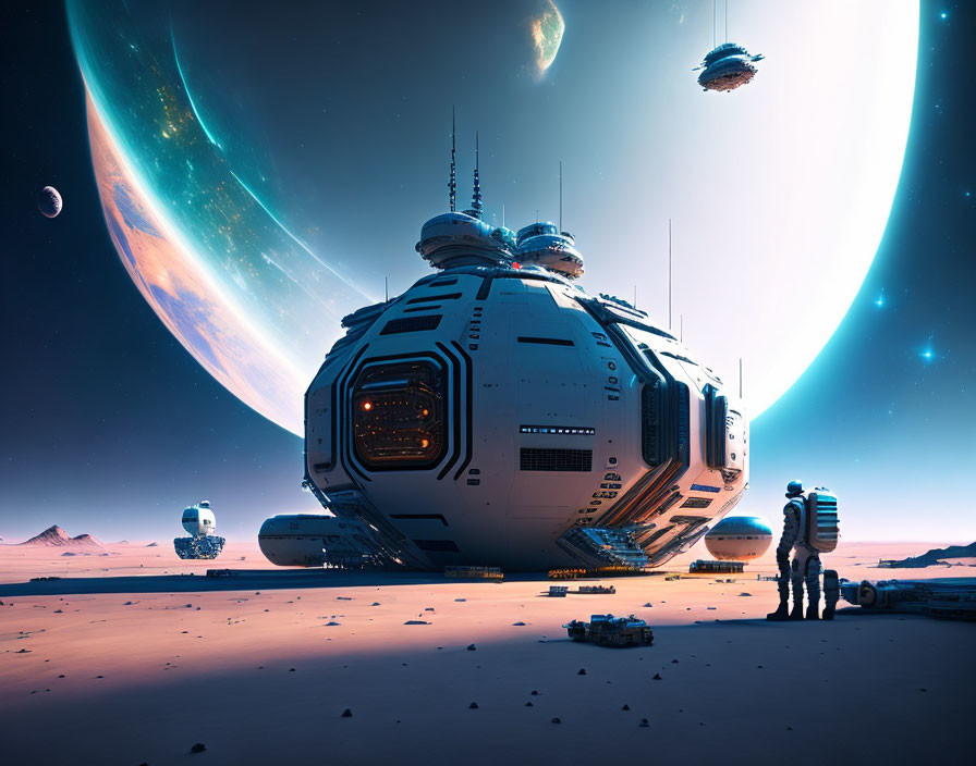 Two astronauts on alien planet with spaceship and ringed planet in futuristic scene