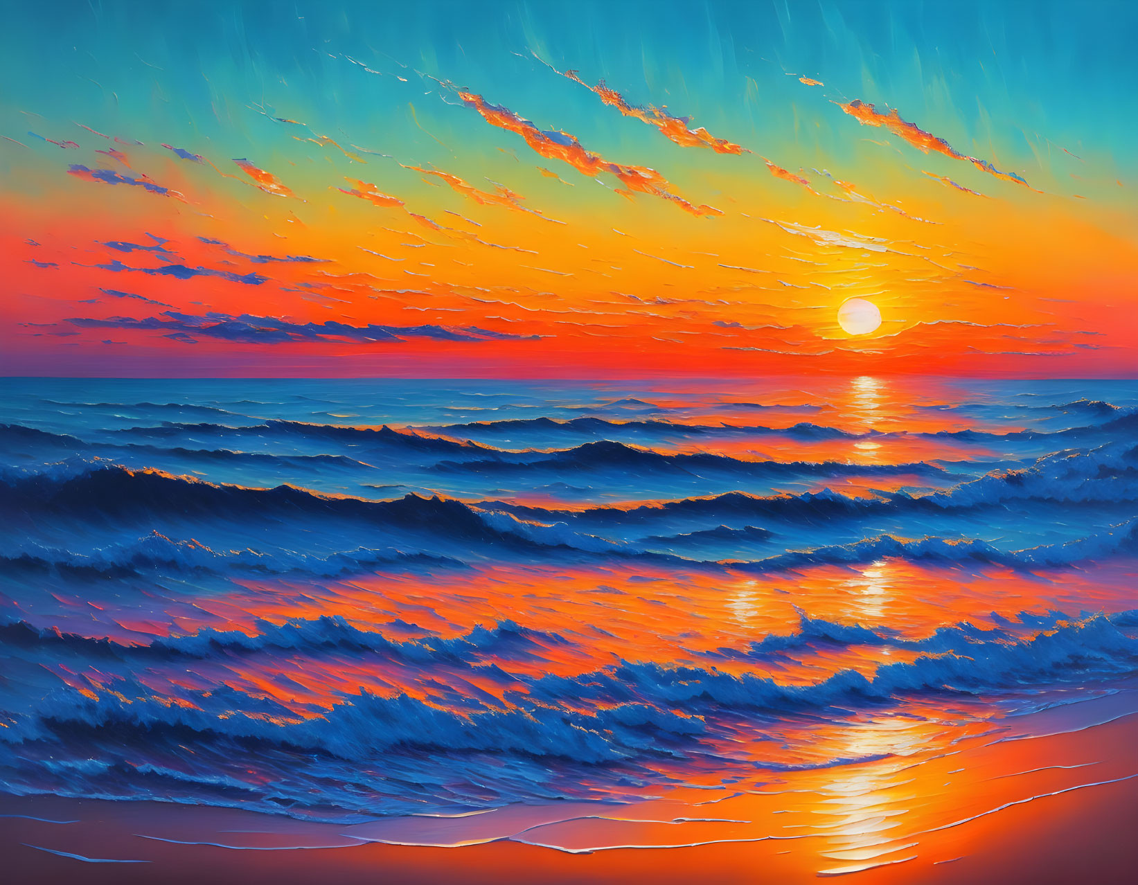 Colorful sunset over ocean with orange and blue skies and sun setting.