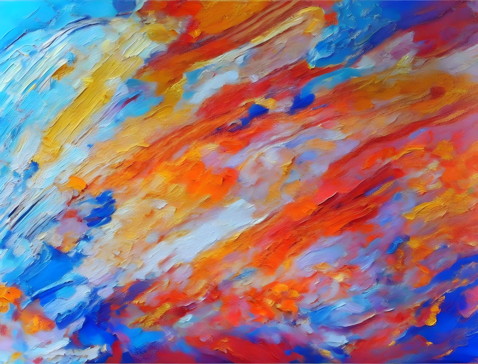 Colorful Abstract Painting with Vibrant Blue, Orange, Red, and Yellow Brush Strokes