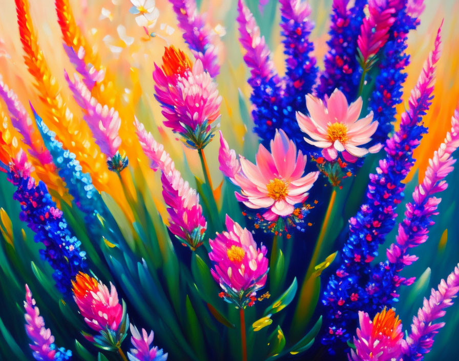 Colorful Flower Painting with Orange, Purple, and Pink Hues