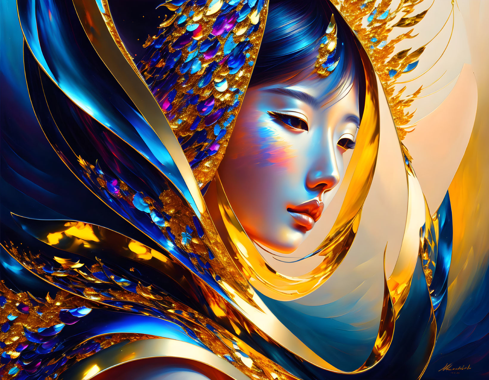 Vibrant digital artwork: Woman with golden headdress and feathers