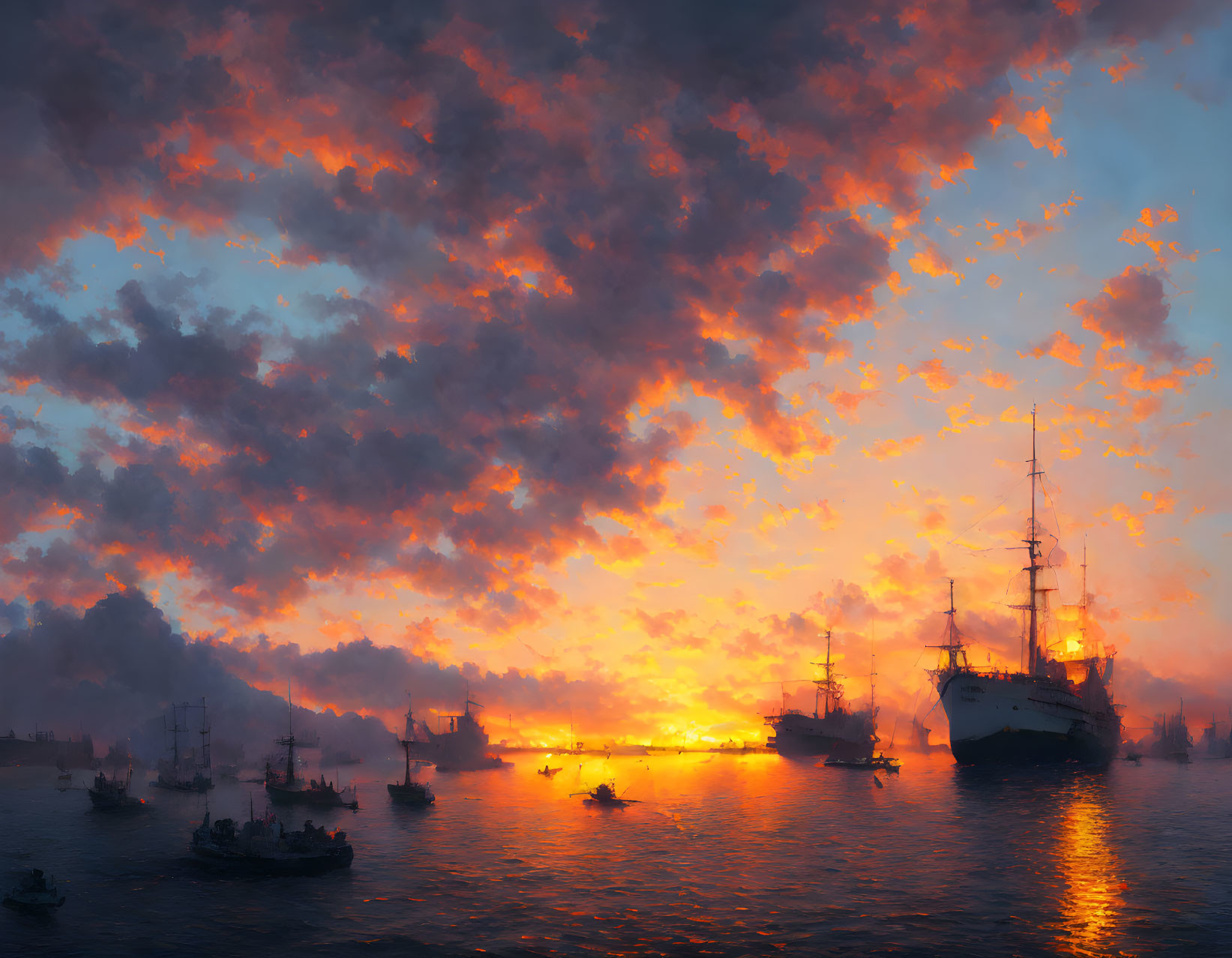 Sailing ships on tranquil water at sunset with vibrant orange and blue clouds