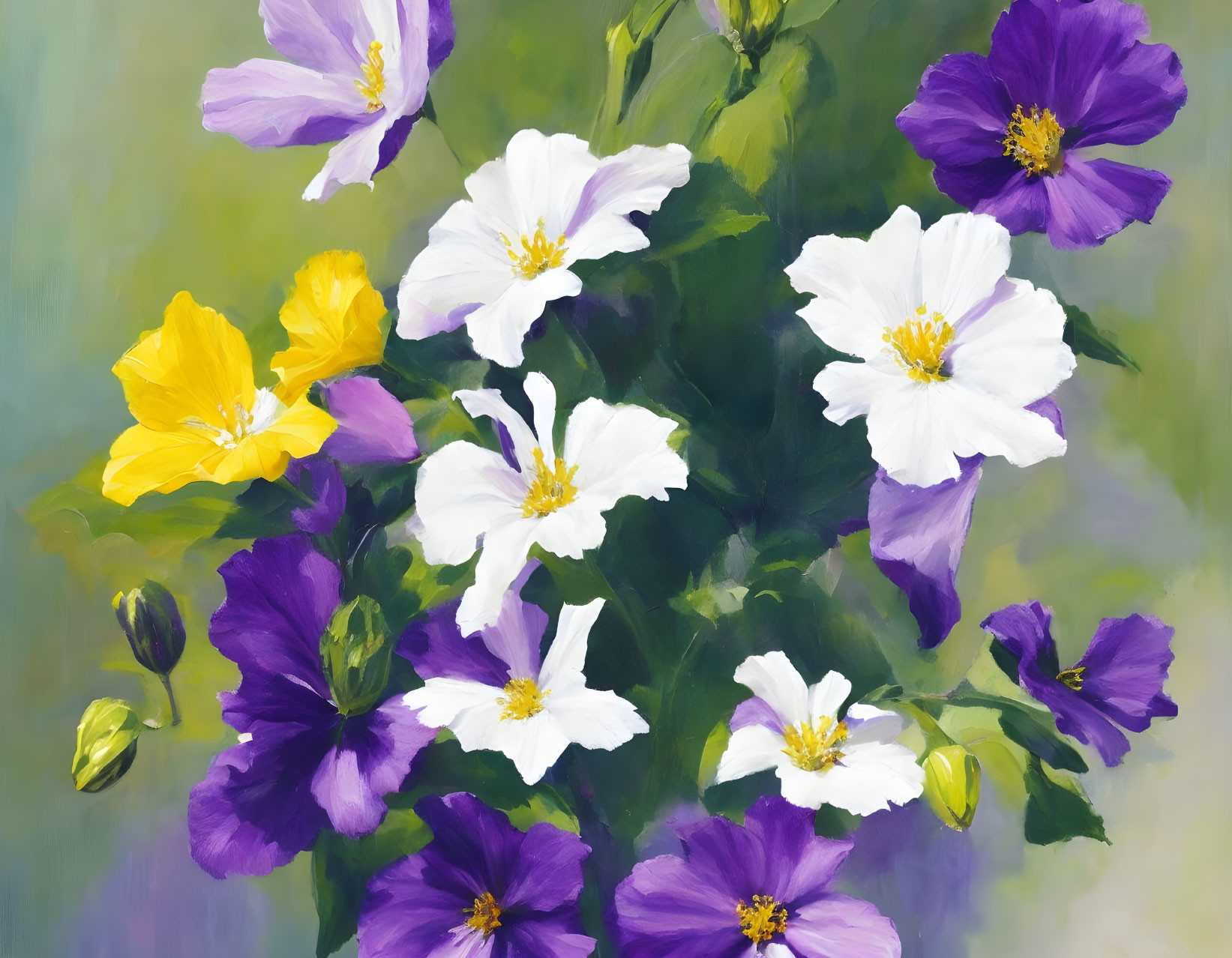 Vibrant Purple, White, and Yellow Flowers in Oil Painting