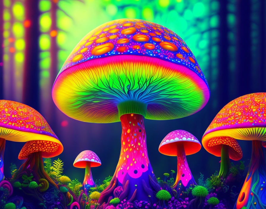 Neon-colored mushrooms in fantasy forest setting