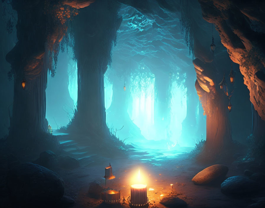 Ethereal blue-lit cave with candles and rock formations