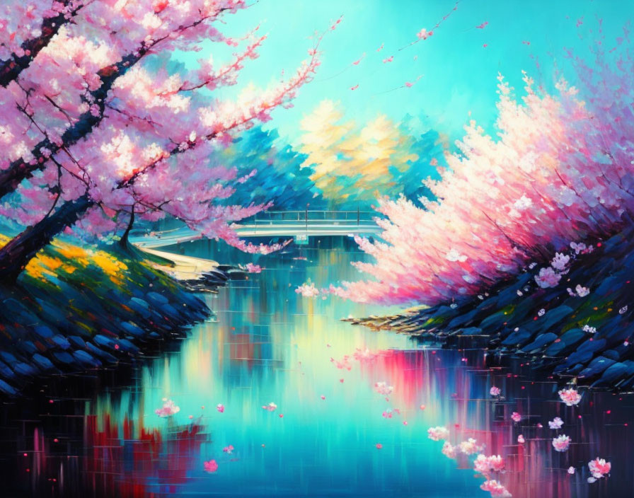 Tranquil river with cherry blossom trees and bridge reflected in vibrant colors