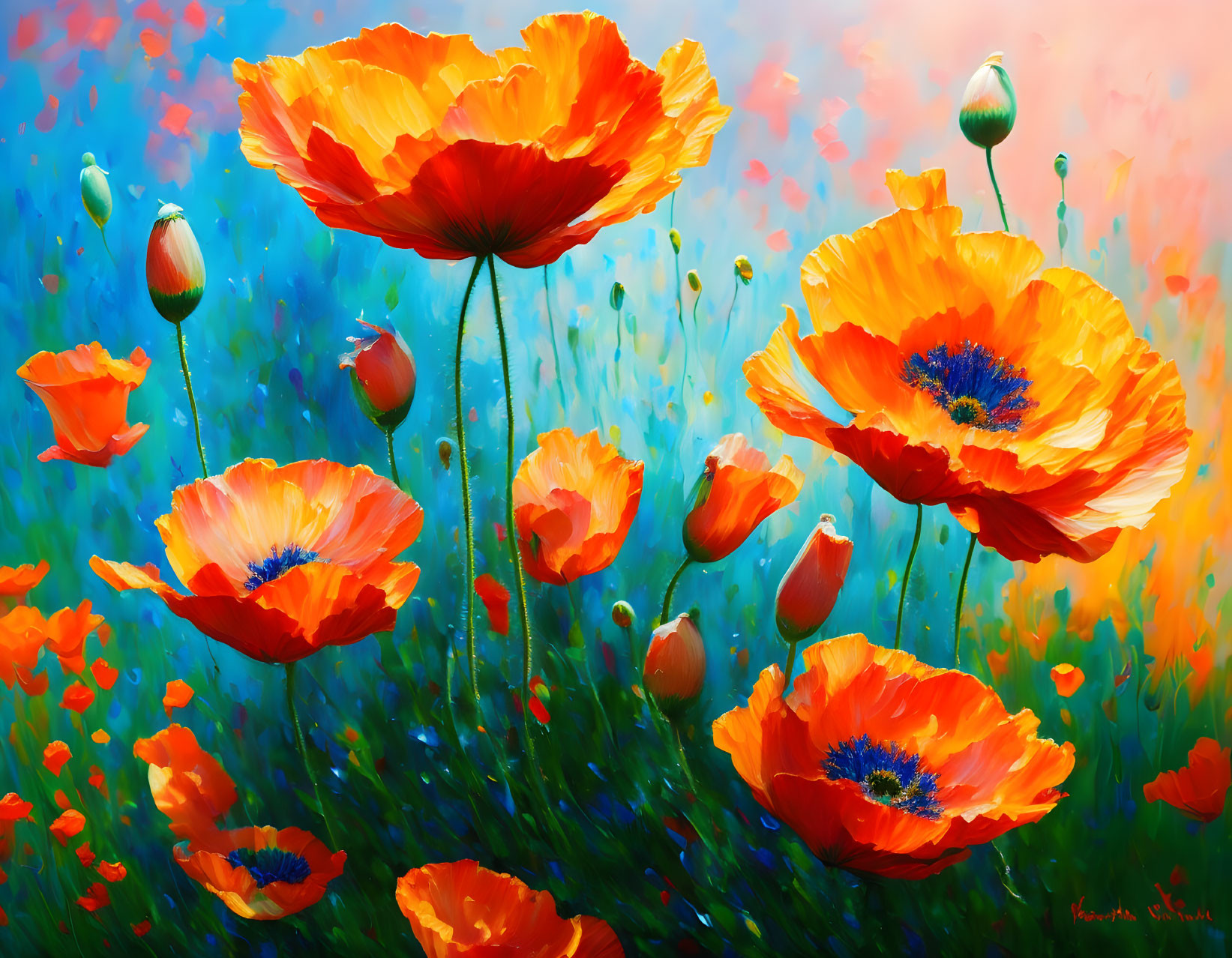 Colorful painting of blooming red poppies on blue and orange gradient background