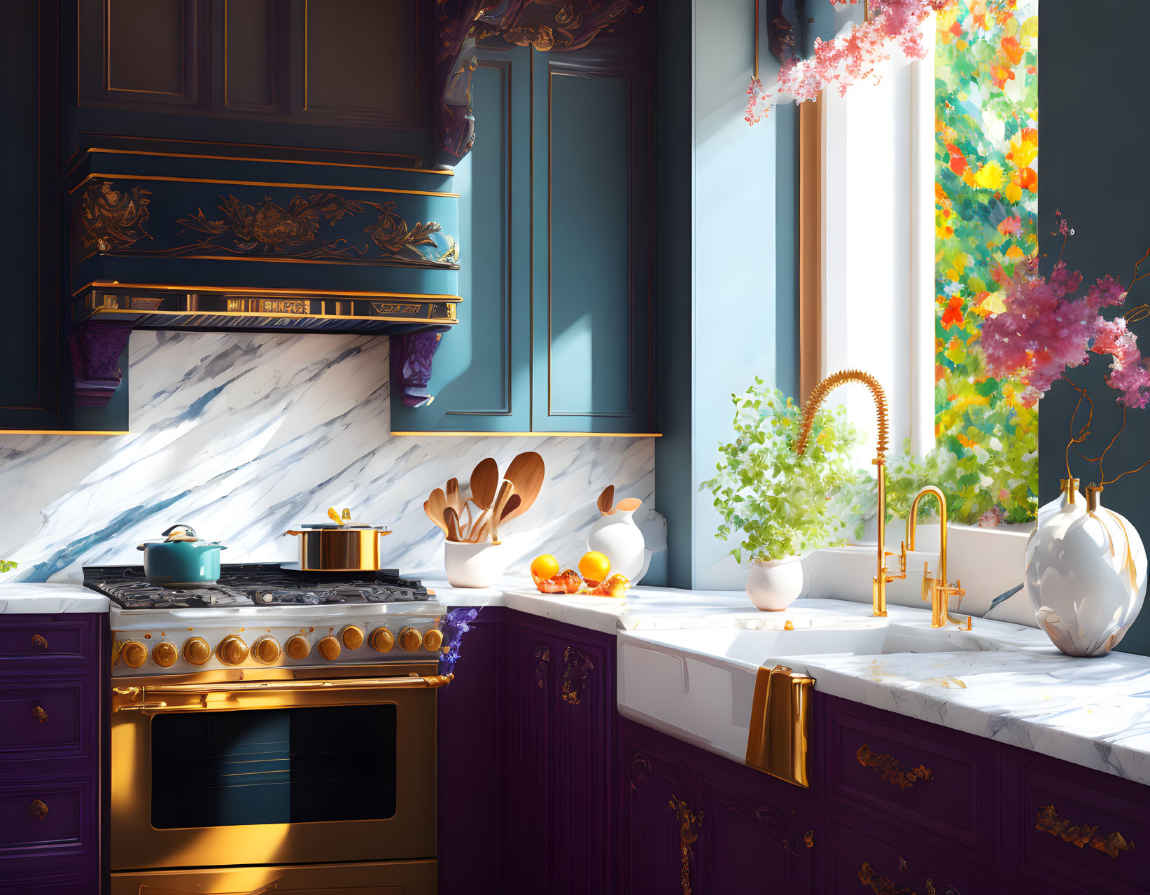 Luxurious Kitchen with Marble Countertops, Purple Cabinets, and Gold Accents