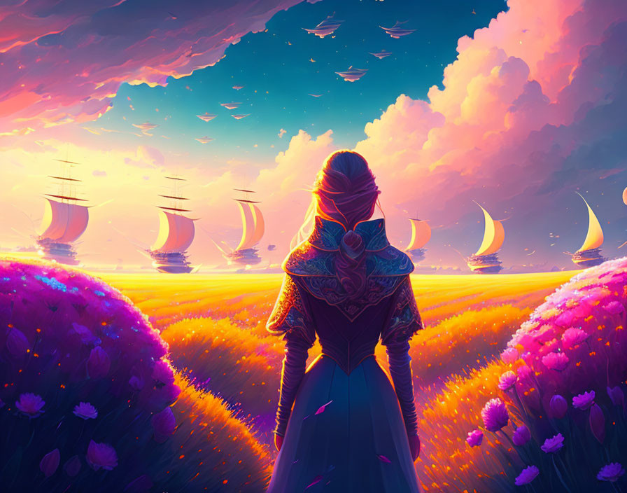 Woman admiring vibrant sunset sky with sailing ships in surreal flower field