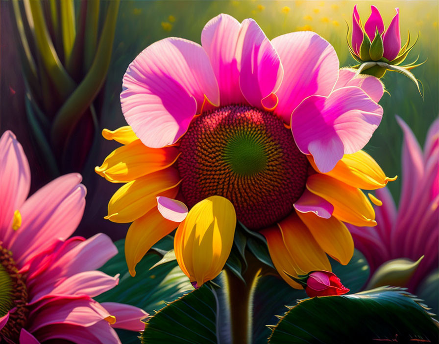 Colorful sunflower-inspired floral composite against soft-focus background