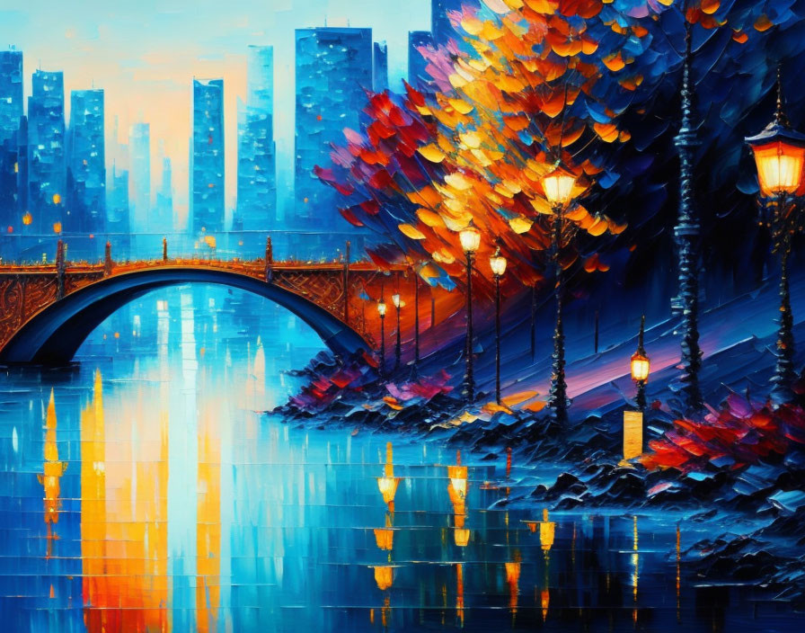 Impressionistic cityscape painting with illuminated bridge and colorful trees