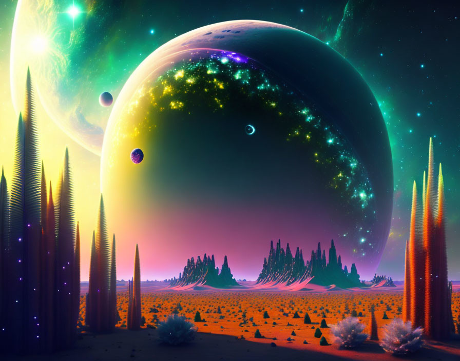 Colorful Sci-Fi Landscape with Alien Plants and Planets