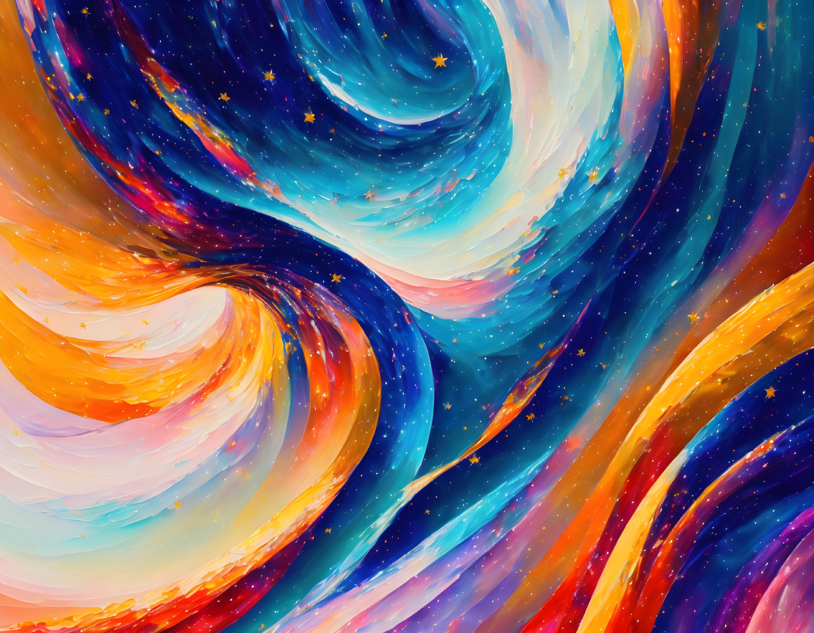 Colorful Abstract Cosmic Swirls with Stars in Blue, Orange, and Purple