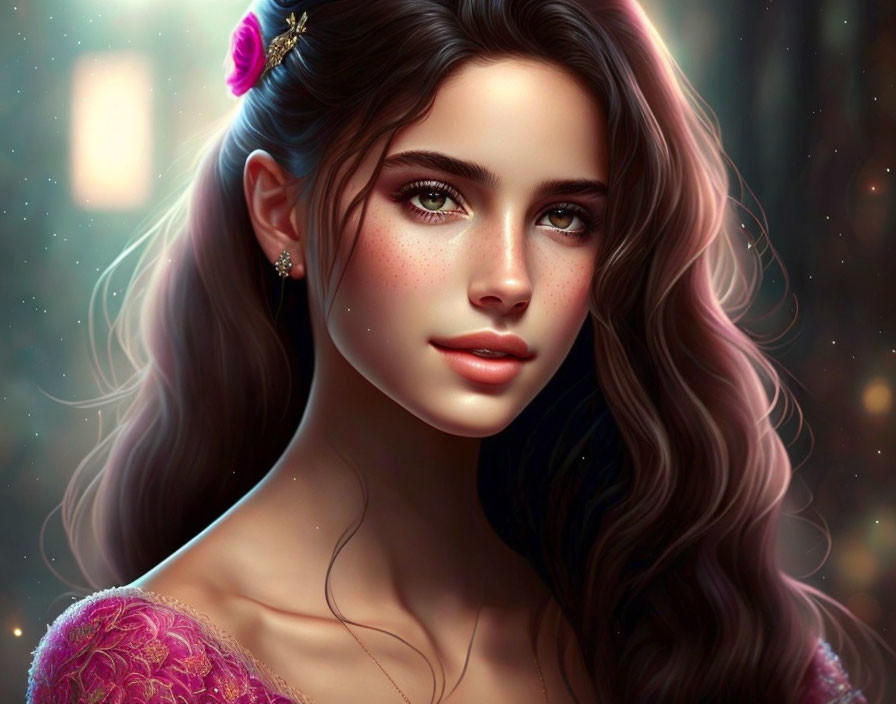 Digital portrait of woman with long brown hair and green eyes in pink dress and floral hair accessory against bo