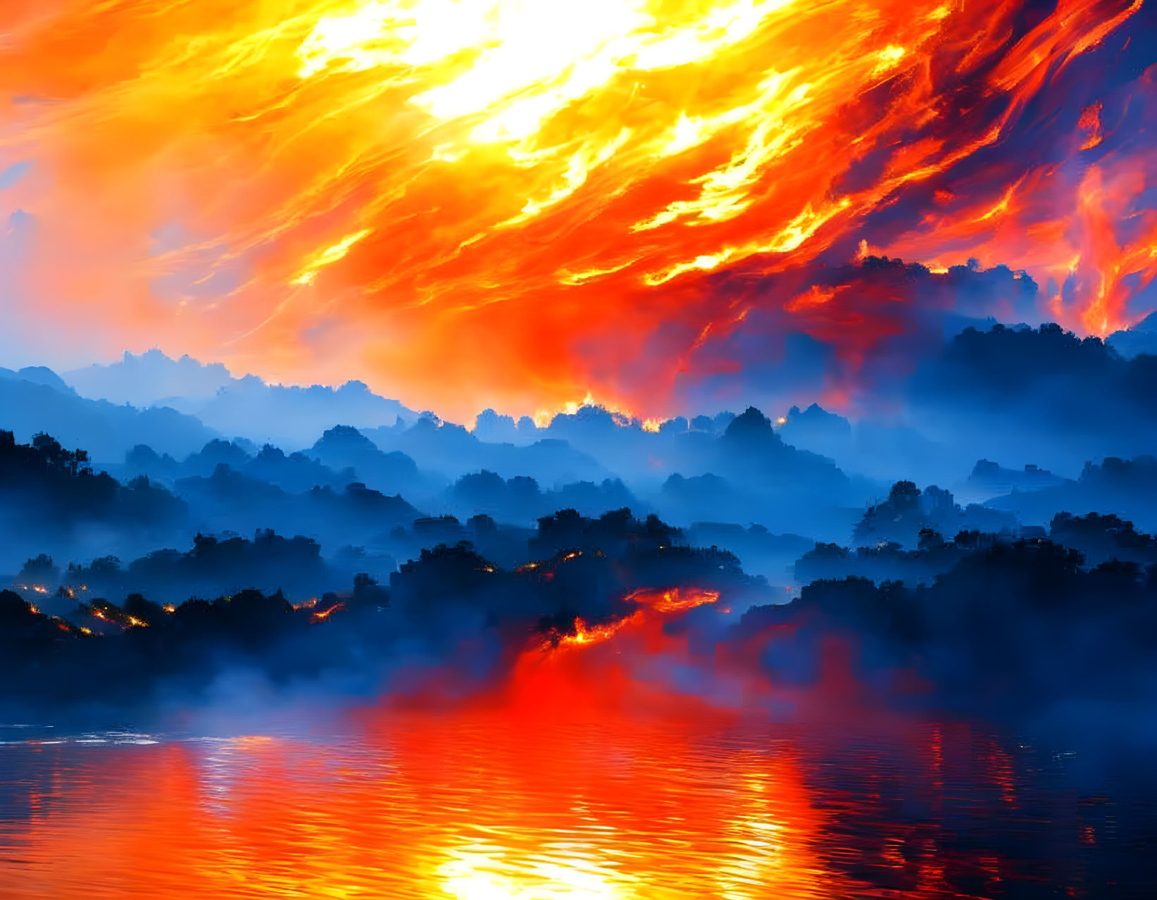 Fiery orange clouds over misty silhouetted trees by water