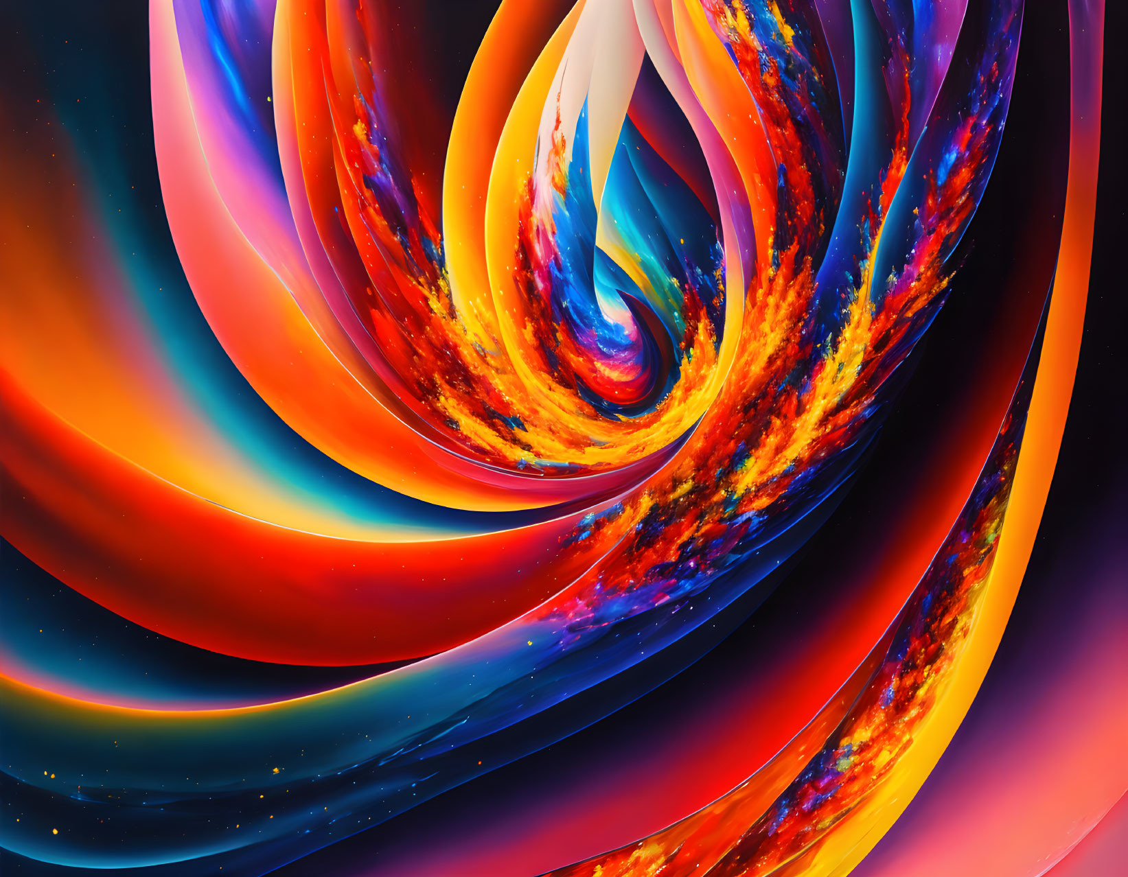 Colorful swirling digital art: red, orange, blue, white patterns