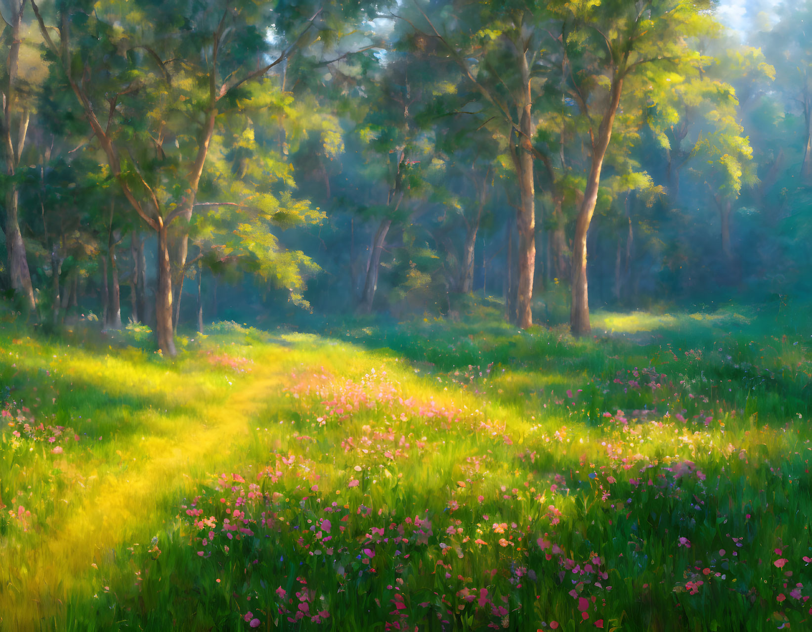 Tranquil Forest Scene with Sunlight and Wildflowers