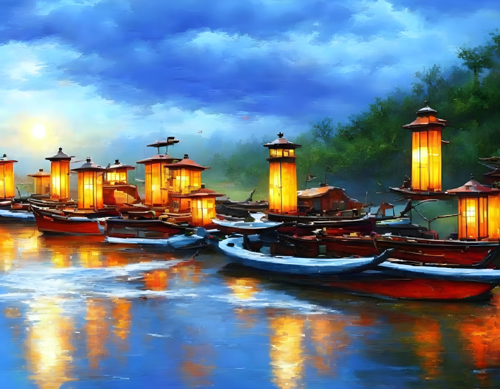 Scenic traditional boats on tranquil river at sunset