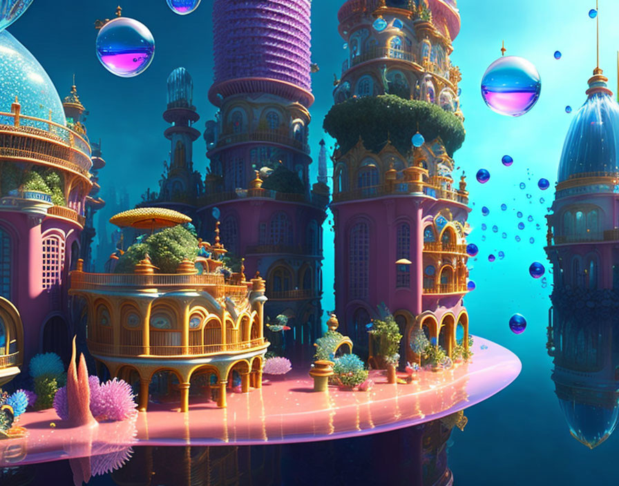 Colorful underwater city with bubble-like structures and glowing pink pathway