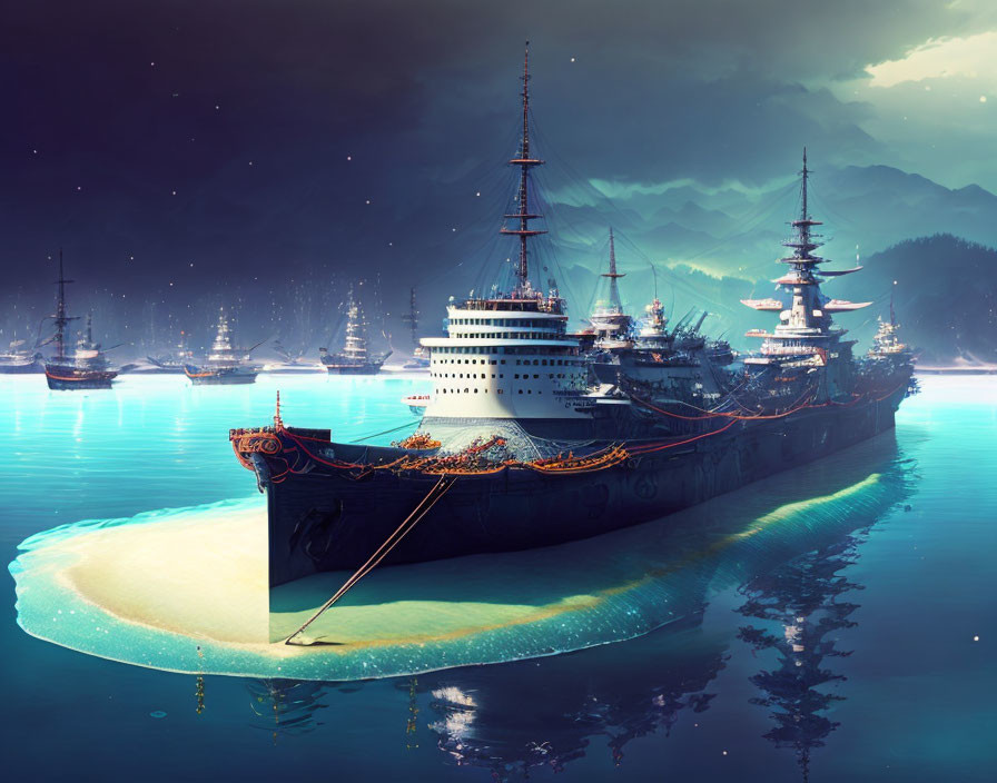 Illuminated ships on tranquil sea with misty mountains at dusk
