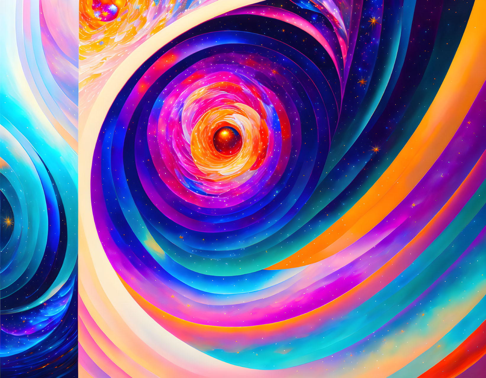 Vibrant abstract cosmic background with swirling patterns and starry textures