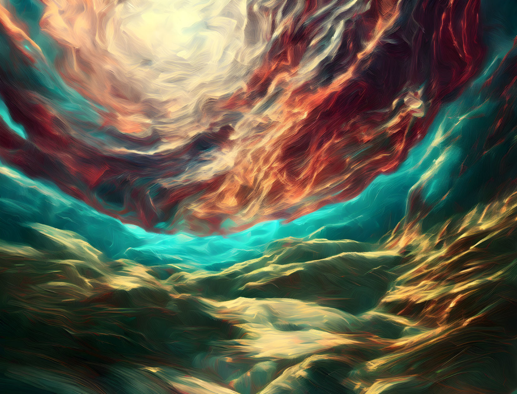 Vibrant Abstract Painting: Swirling Colors of Fiery Sky and Turbulent Sea