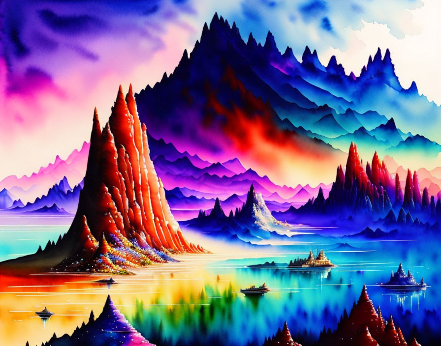 Colorful Watercolor Landscape: Mountains, Lake Reflection, Dramatic Sky