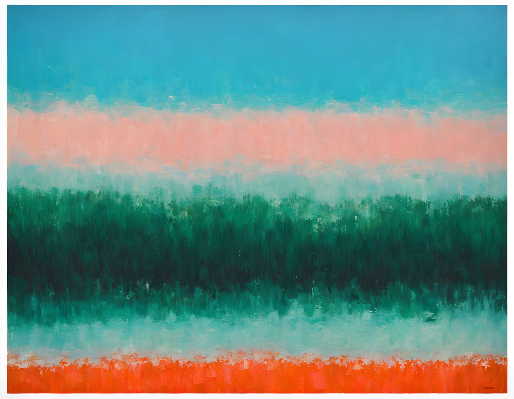 Horizontal Layered Abstract Painting in Blue, Pink, Green, and Red