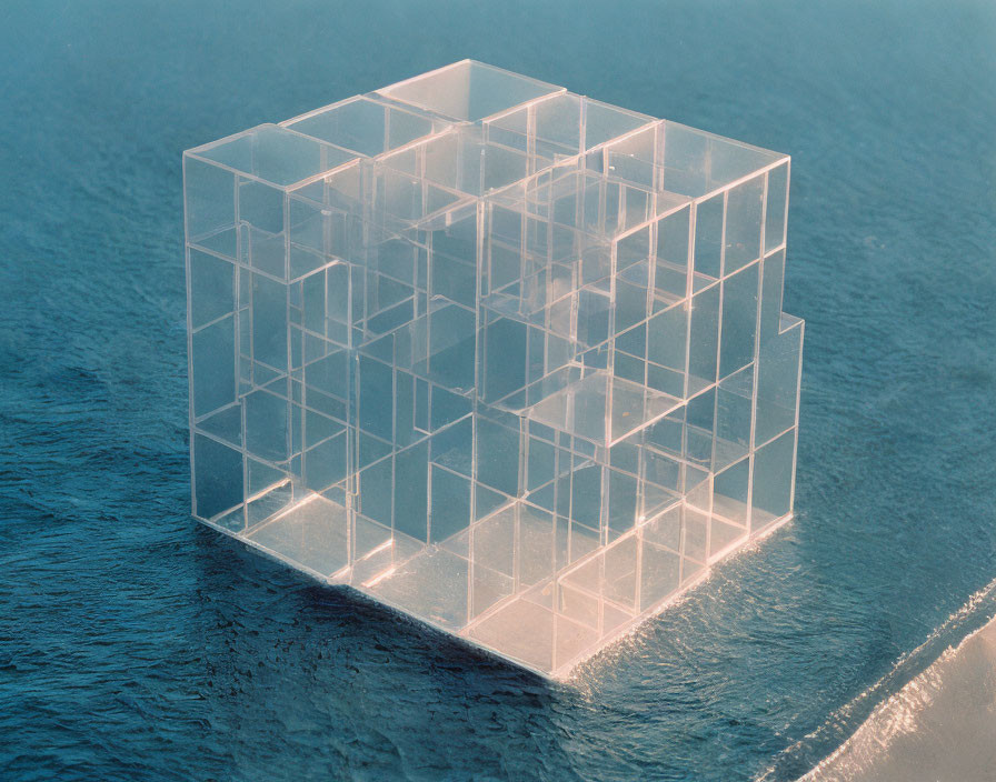 Transparent cubic structure with grid pattern above calm blue sea and sunlight glow