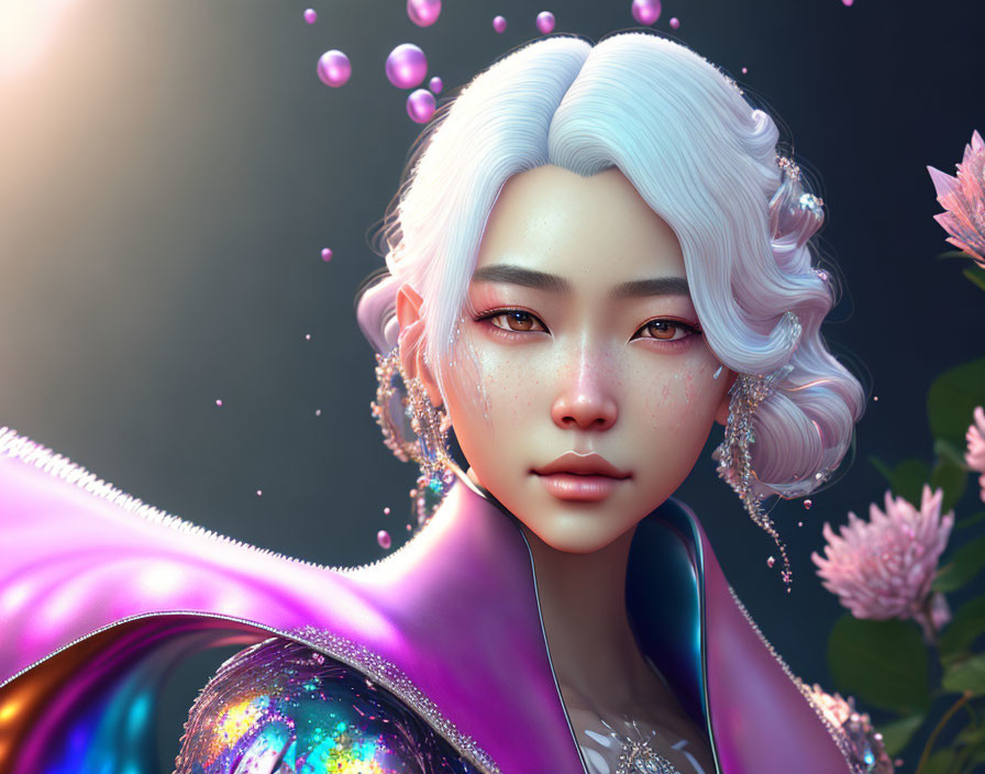 Silver-haired woman with sparkling makeup in holographic attire, surrounded by bubbles and pink flowers