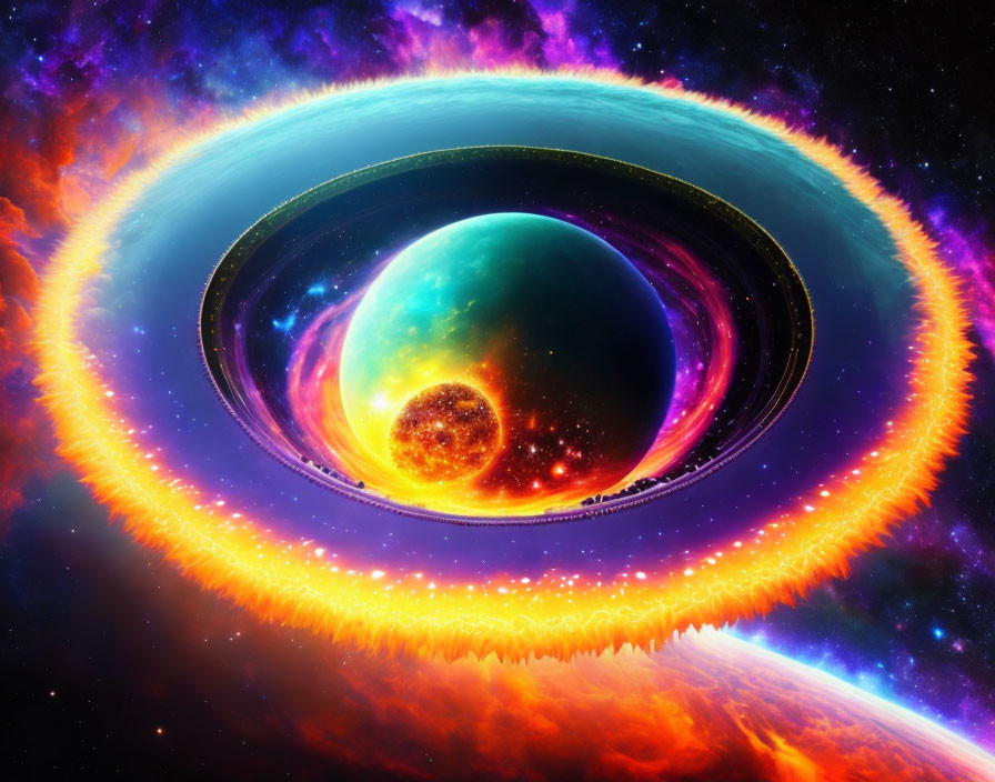 Colorful cosmic illustration: Fiery ring around multicolored planet in starry nebula.