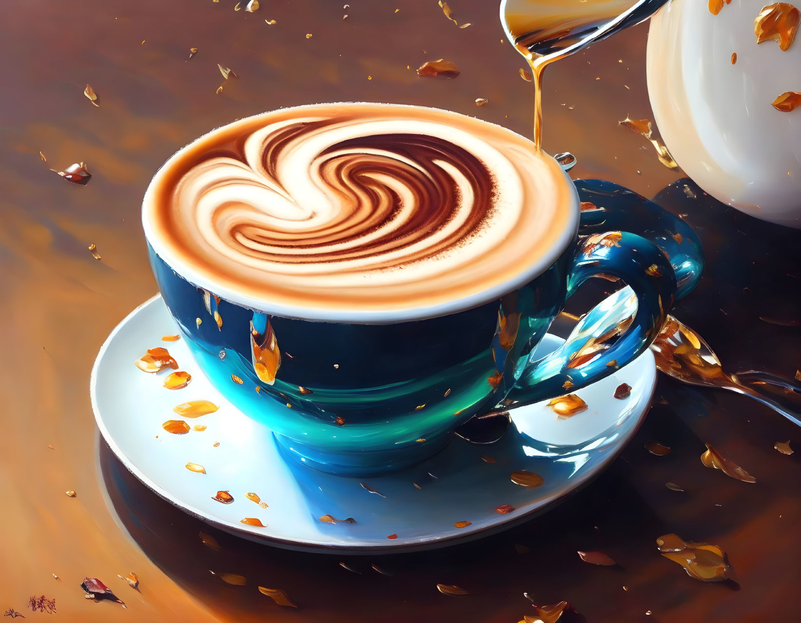 Colorful Latte Art in Blue Cup and Saucer with Pouring Coffee