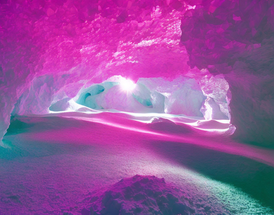 Colorful Sunlit Ice Cave with Pink and Purple Hues