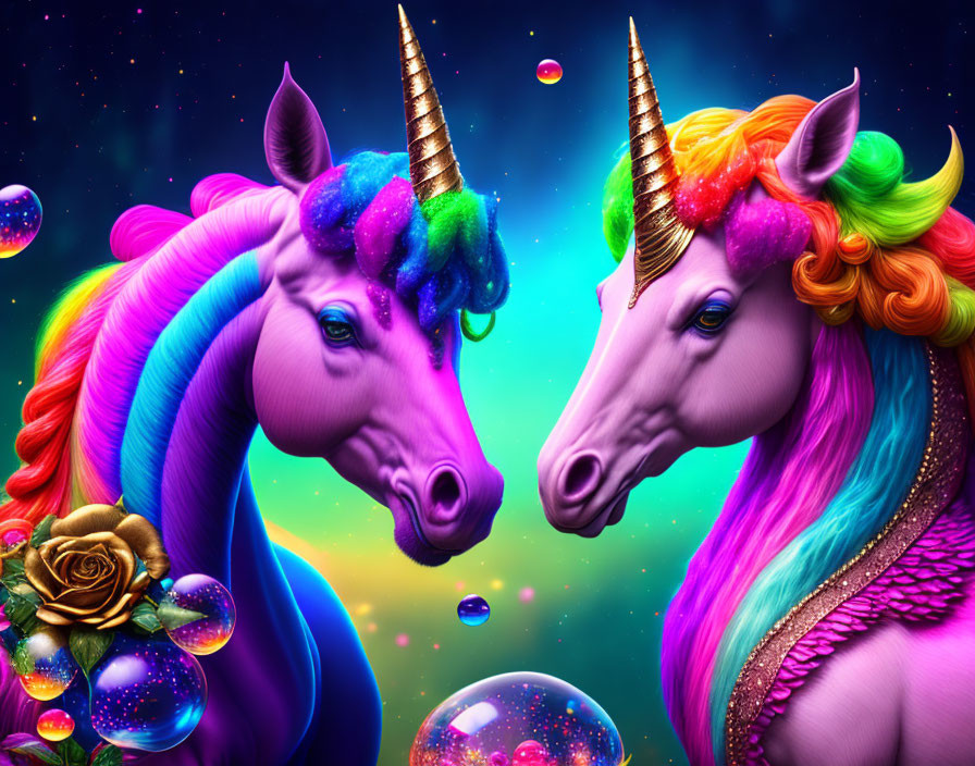 Colorful stylized unicorns with rainbow manes in cosmic scene