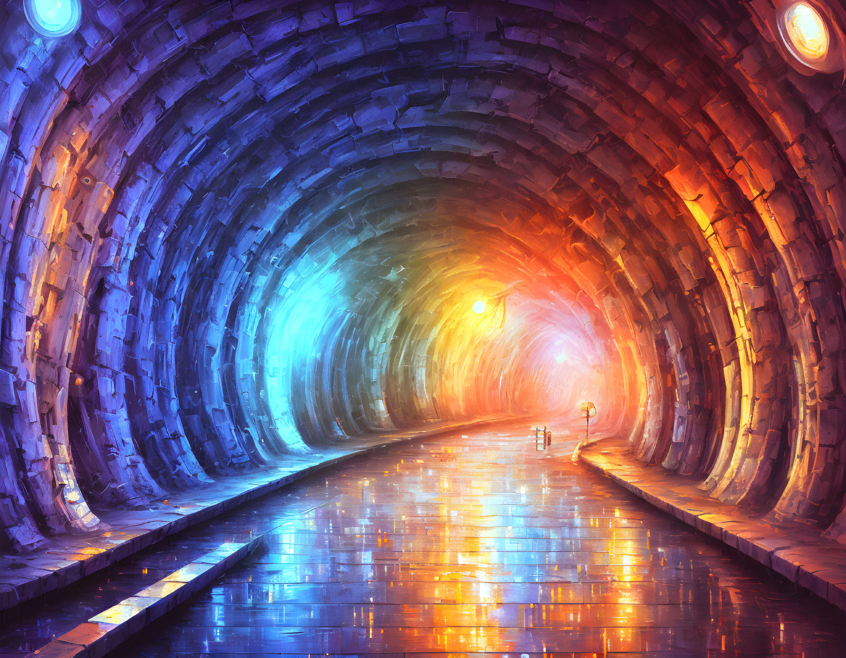 Colorful illuminated tunnel with arching stone walls and bright light.