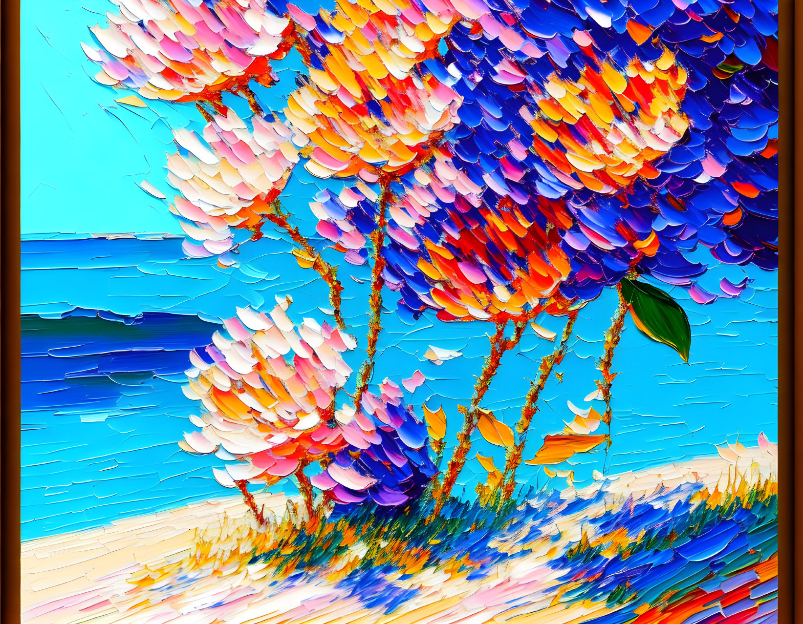 Vibrant abstract painting of colorful trees with impasto brushstrokes