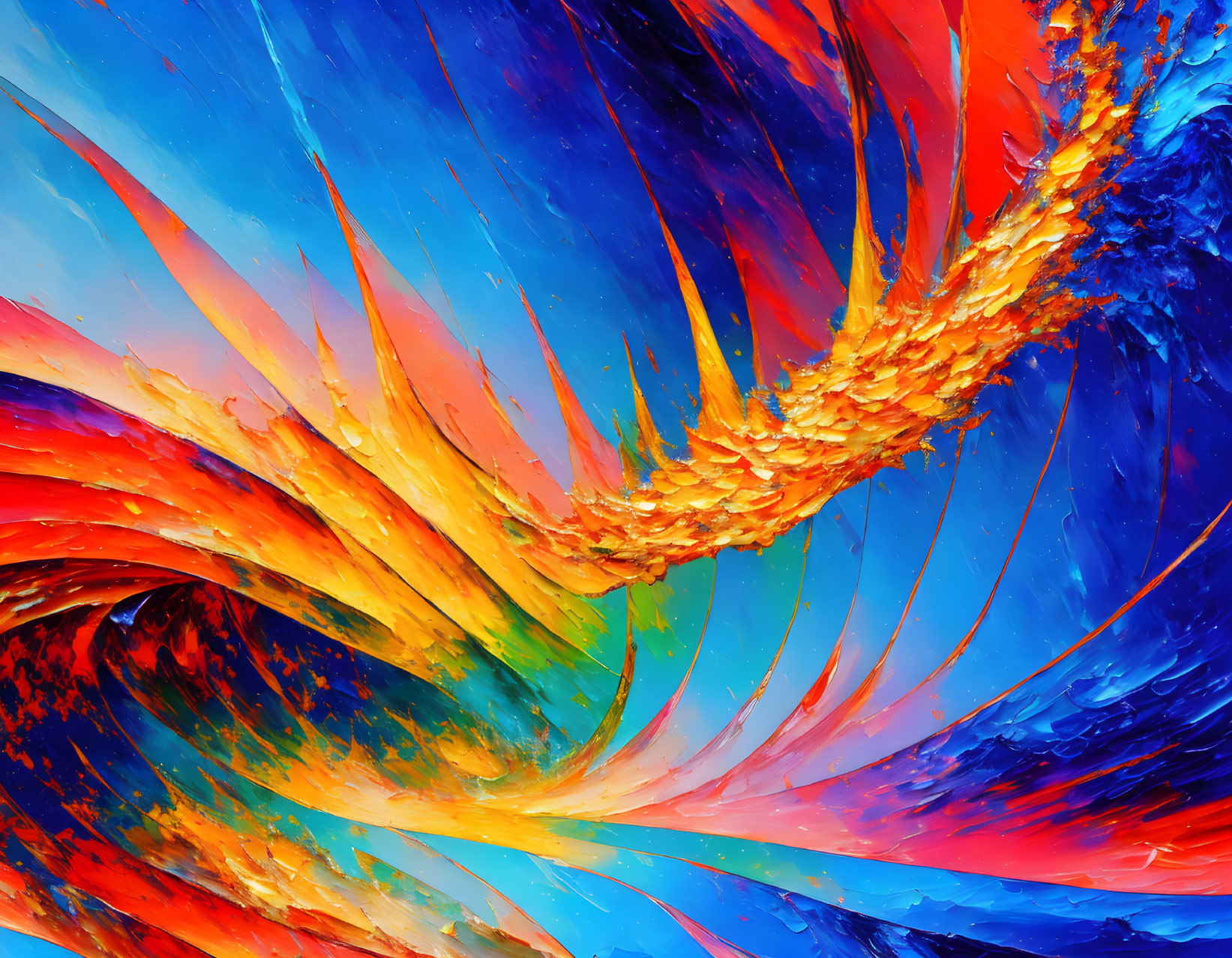 Vibrant Abstract Painting: Swirling Blues, Reds, and Oranges