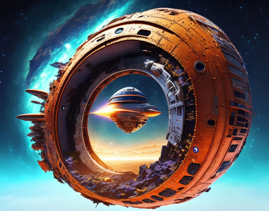 Ring-shaped space station orbits vibrant planet with spaceship approaching through hollow core amid starry backdrop