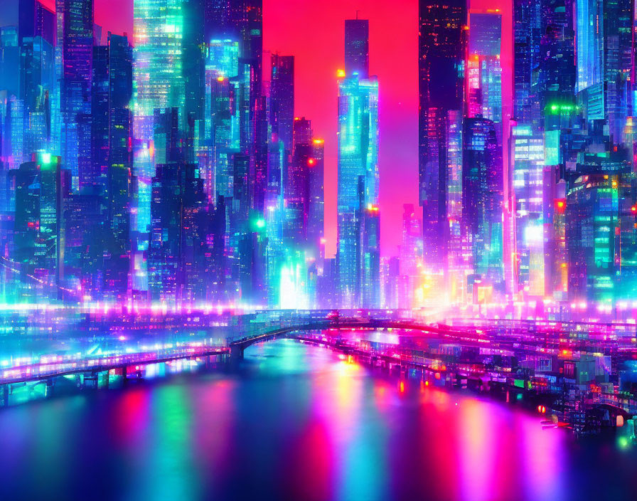 Neon-lit cityscape at night with glowing skyscrapers and lit bridge