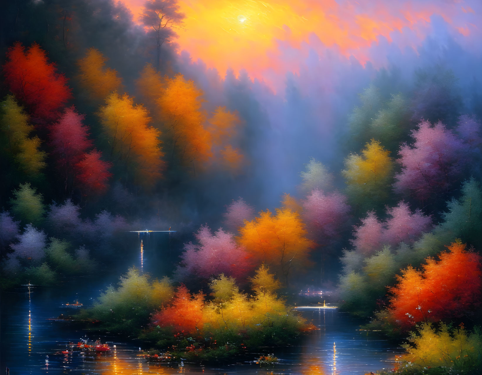 Vibrant autumn trees in misty forest reflected in calm water